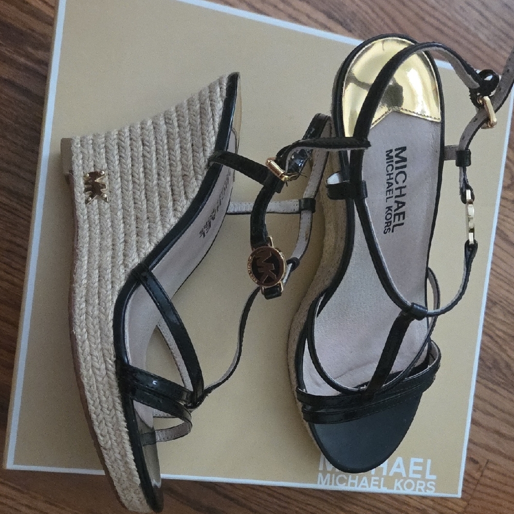 Michael Kors Black and Tan Wedge Sandals